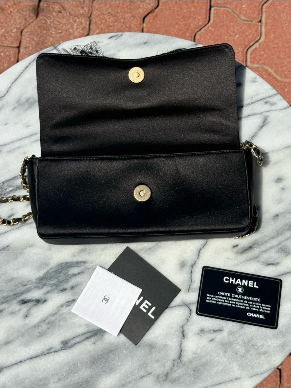 NWT Chanel Pearl, Feathers and Jewel Embellished Black Satin Evening Clutch